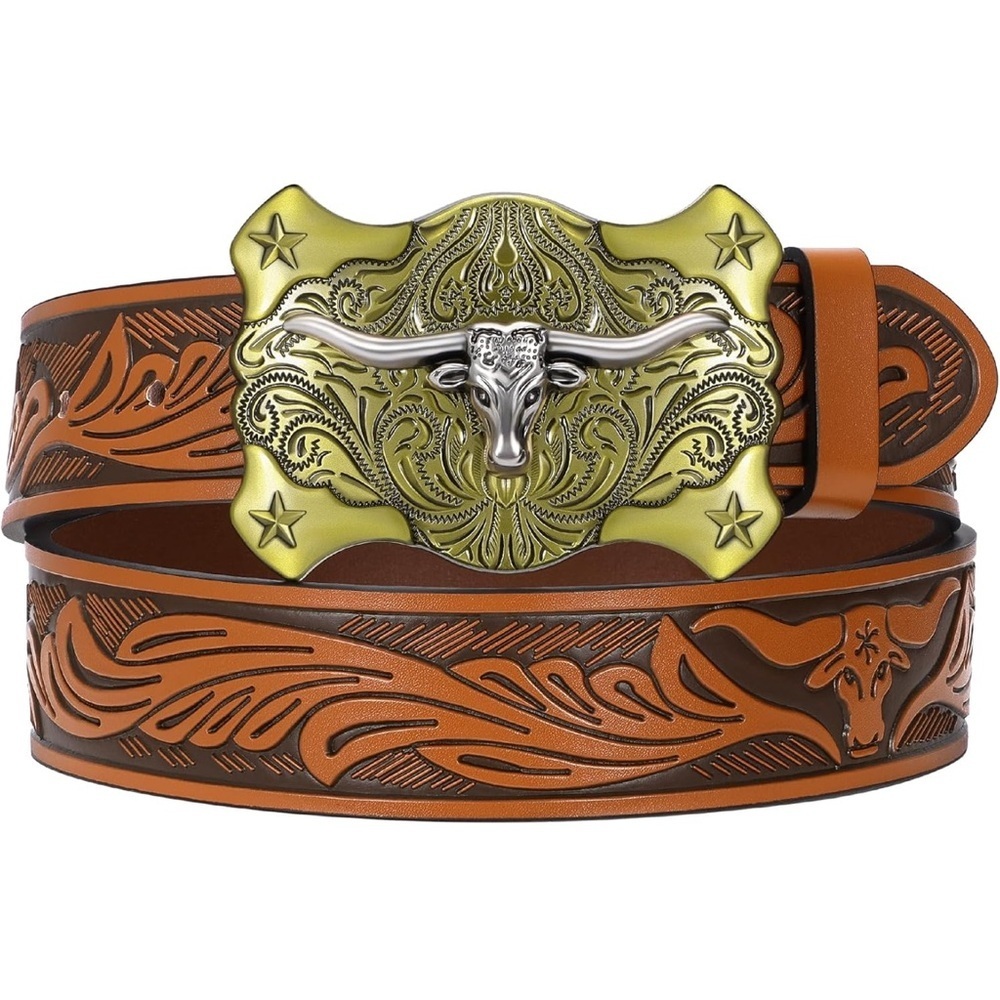 Western Tooled Leather Belt with Longhorn Buckle - Tan & Brass